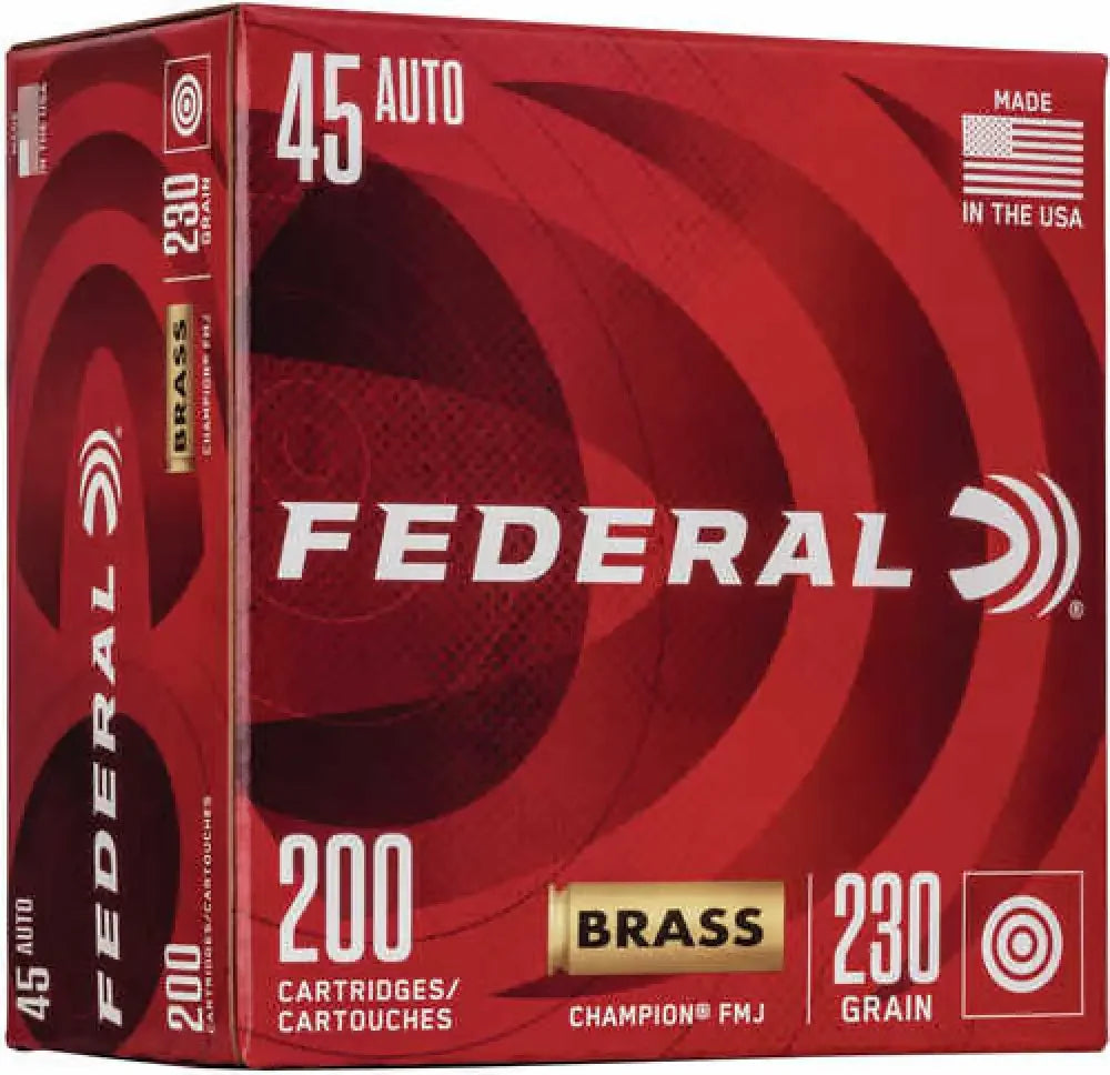 Federal Champion Training 45 ACP ammo in red box with brass cartridges