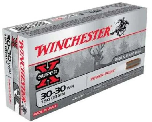 Winchester Super-X 30-30 150 grain soft point ammo box with deer and bear graphic