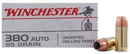Winchester 380 ACP 95 grain hollow point ammo in silver red box