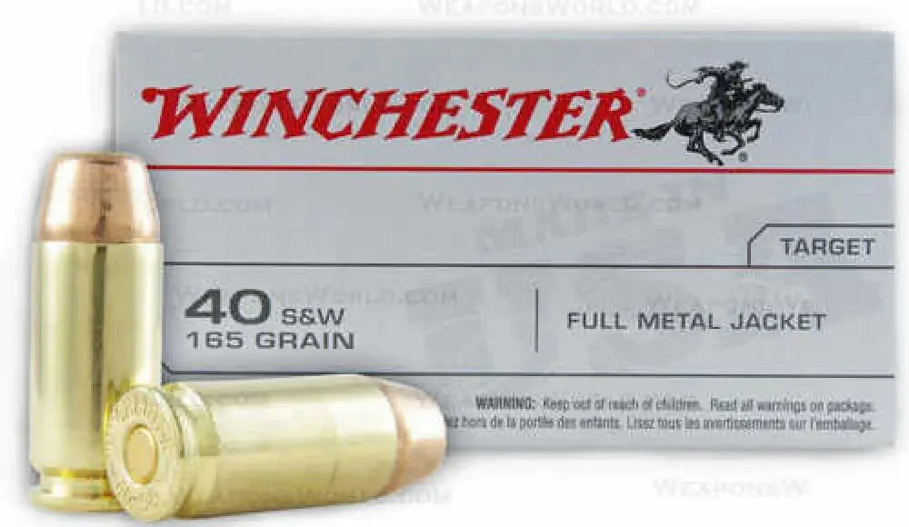 Winchester 40 S&W high performance 165 grain full metal jacket rounds ammunition in silver and red box