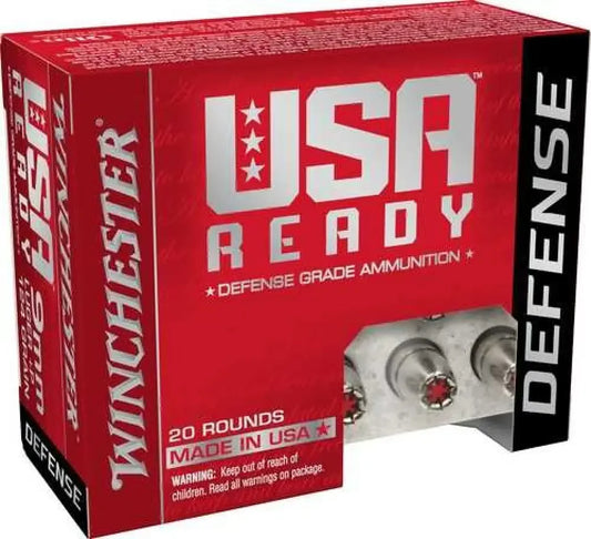 Winchester 9mm Luger ammunition box with red tips and silver bullets