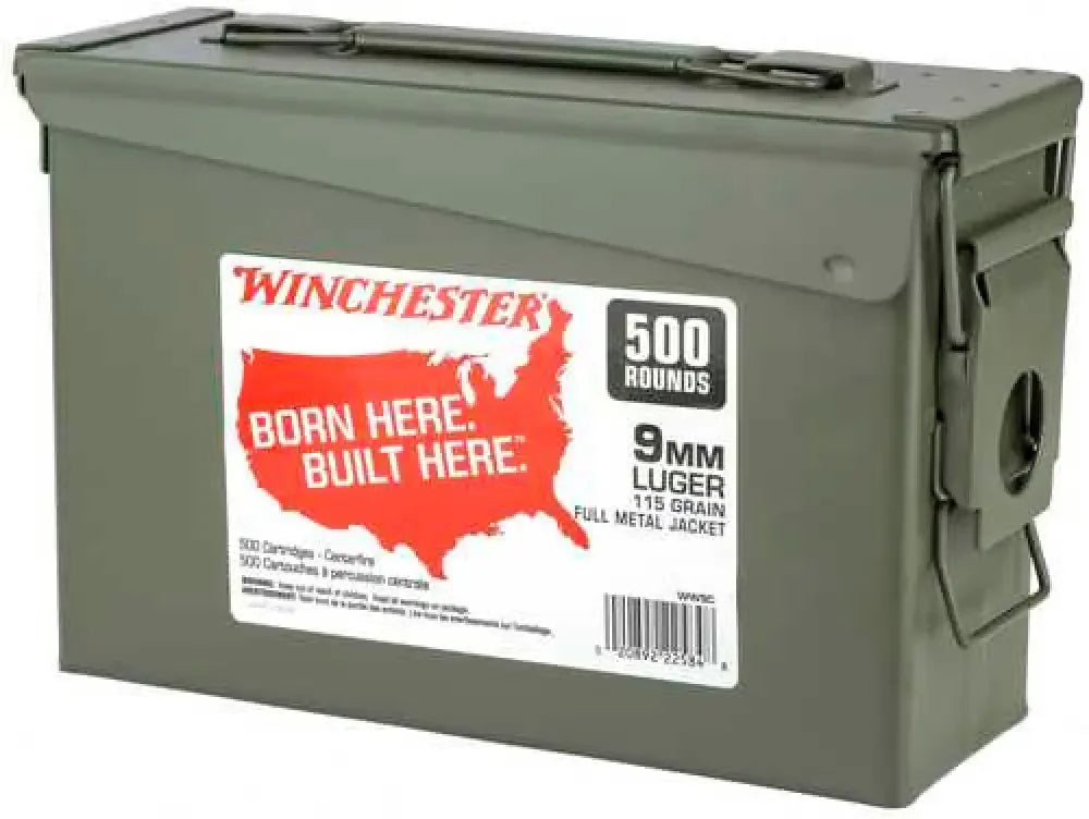 Winchester 9mm Luger 500 rounds ammo canister with born here sticker