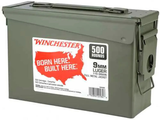 Winchester 9mm Luger 500 rounds ammo canister with born here sticker