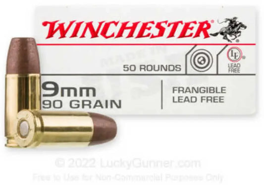 Winchester 9mm Luger 90 grain frangible ammo box of 50 rounds