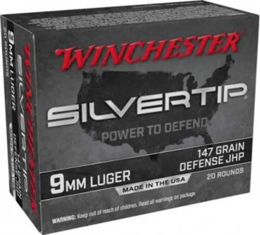 Winchester 9mm Luger 147 grain hollow point ammo box, 20 rounds