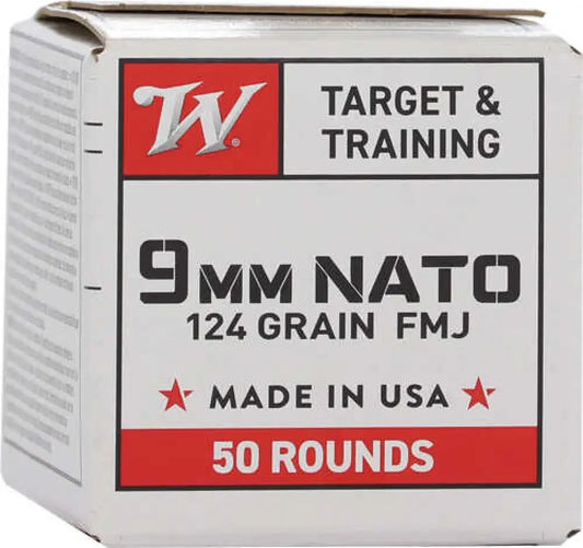 Winchester NATO 9mm Luger 124gr FMJ RN ammo box with white cardboard and red black labeling