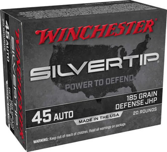 Winchester Silvertip 45 ACP 185 gr jacket hollow point ammo box
