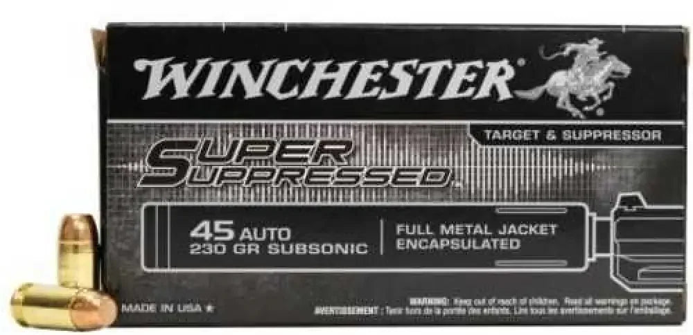 Winchester Super Suppressed 45 ACP 230 gr FMJ ammo in black box