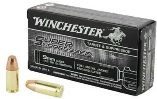 Winchester Super Suppressed 9mm Luger Ammo in black box with FMJ rounds