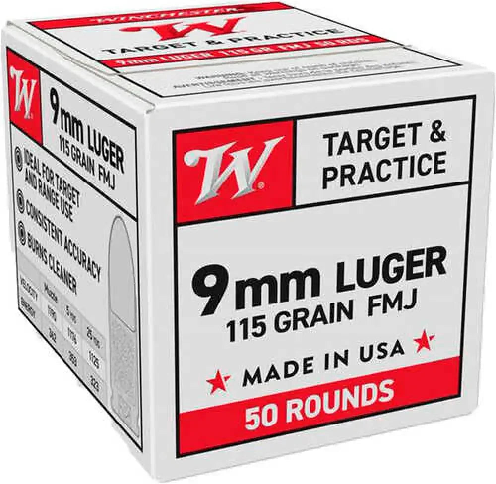 Winchester USA 9mm Luger pistol ammo 115 grain FMJ 50 round box