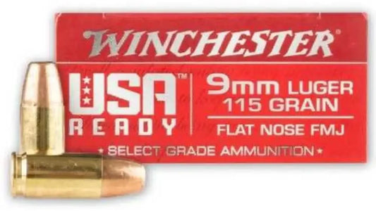 Winchester USA Ready 9mm Luger ammo, 115 grain FMJ bullets in red box