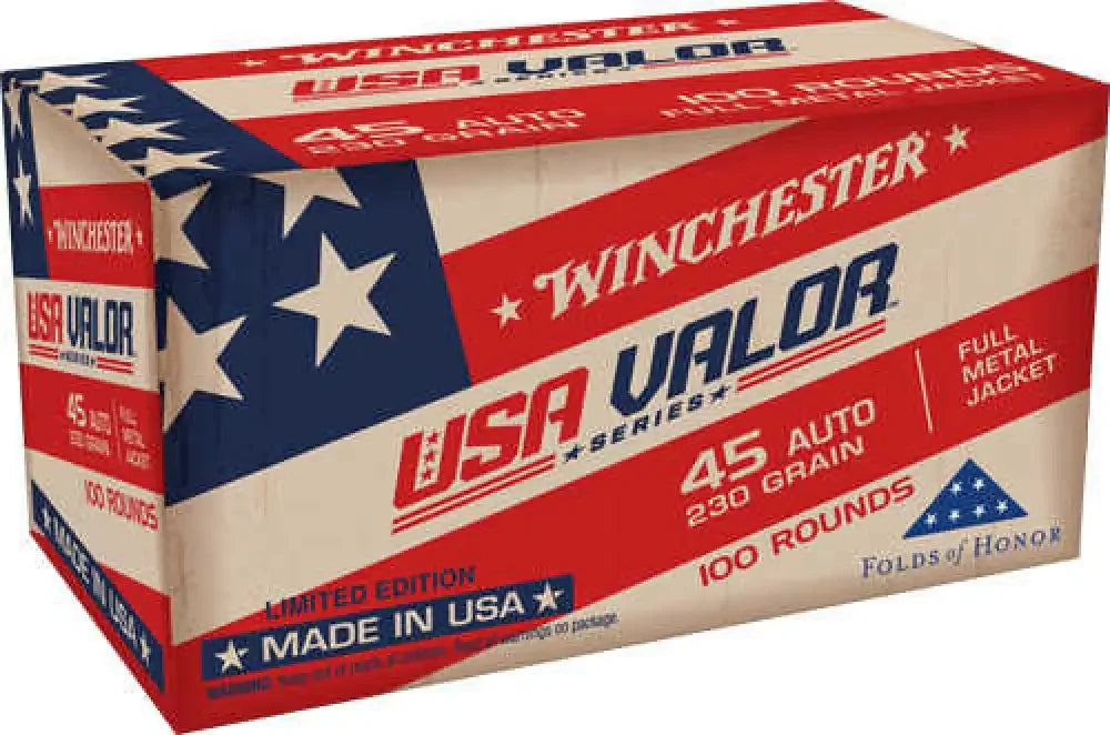 Winchester USA Valor 45 ACP 230 Grain FMJ ammo in patriotic box